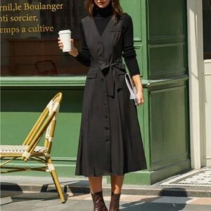 Black V Neck Belted Sleeveless Midi Dress